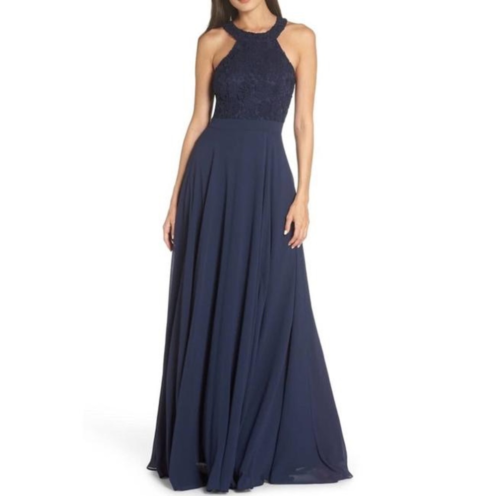 Lulu’s Navy Blue Poem Crochet Bodice Navy Lace Halter Gown Maxi Formal Dress
